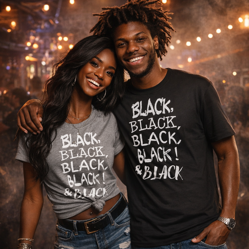 Black couple wearing shirts with 'BLACK' text, standing together in a warm-lit setting.