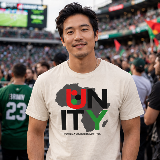 Man wearing a t-shirt with a graphic design and text at a sports event.