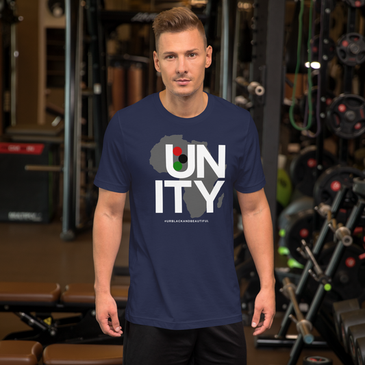 Man wearing a navy blue t-shirt with 'UNITY' design in a gym setting