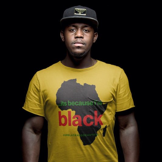 Man wearing a yellow t-shirt with an African map design and text on a black background