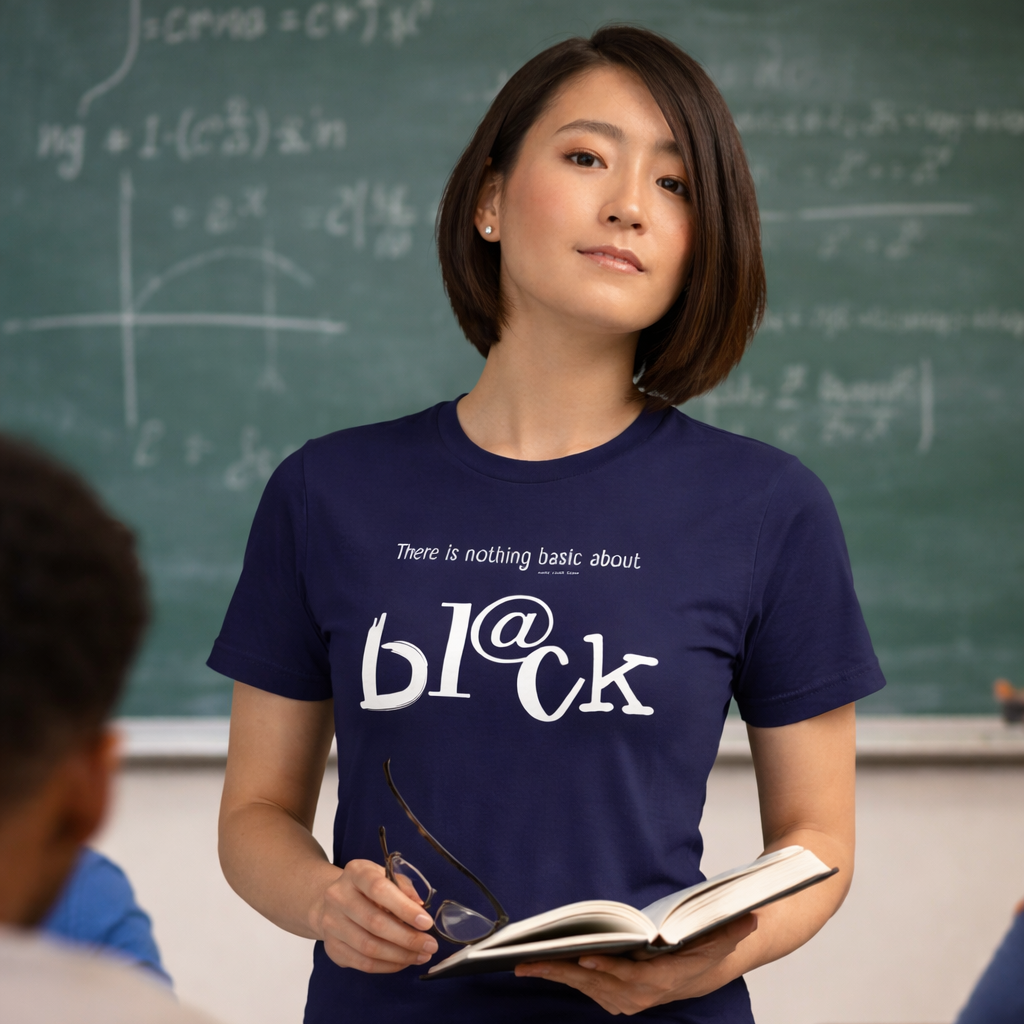 Teacher wearing a blue shirt with text in a classroom setting