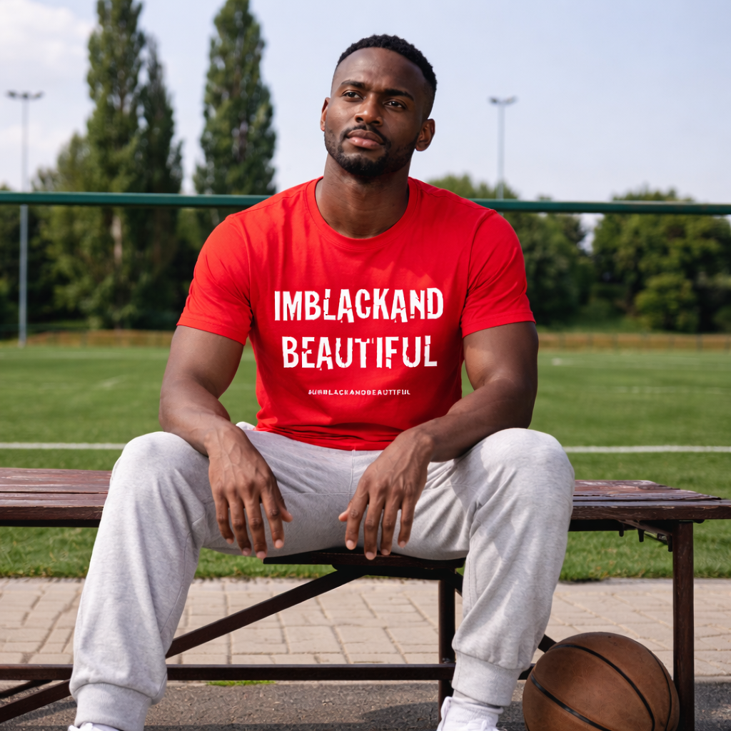 Man sitting on a bench wearing a red shirt with 'IMBLACKLAND BEAUTIFUL' text, with a basketball nearby.