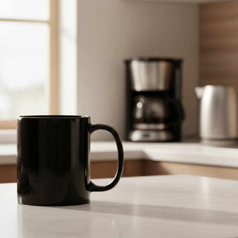 Black mug on a kitchen counter with a coffee maker in the background