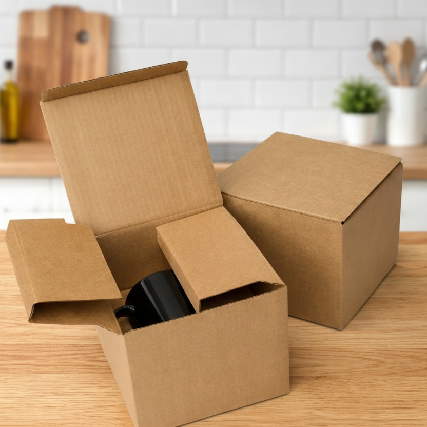 Open cardboard box with a black mug  inside on a wooden surface, kitchen background