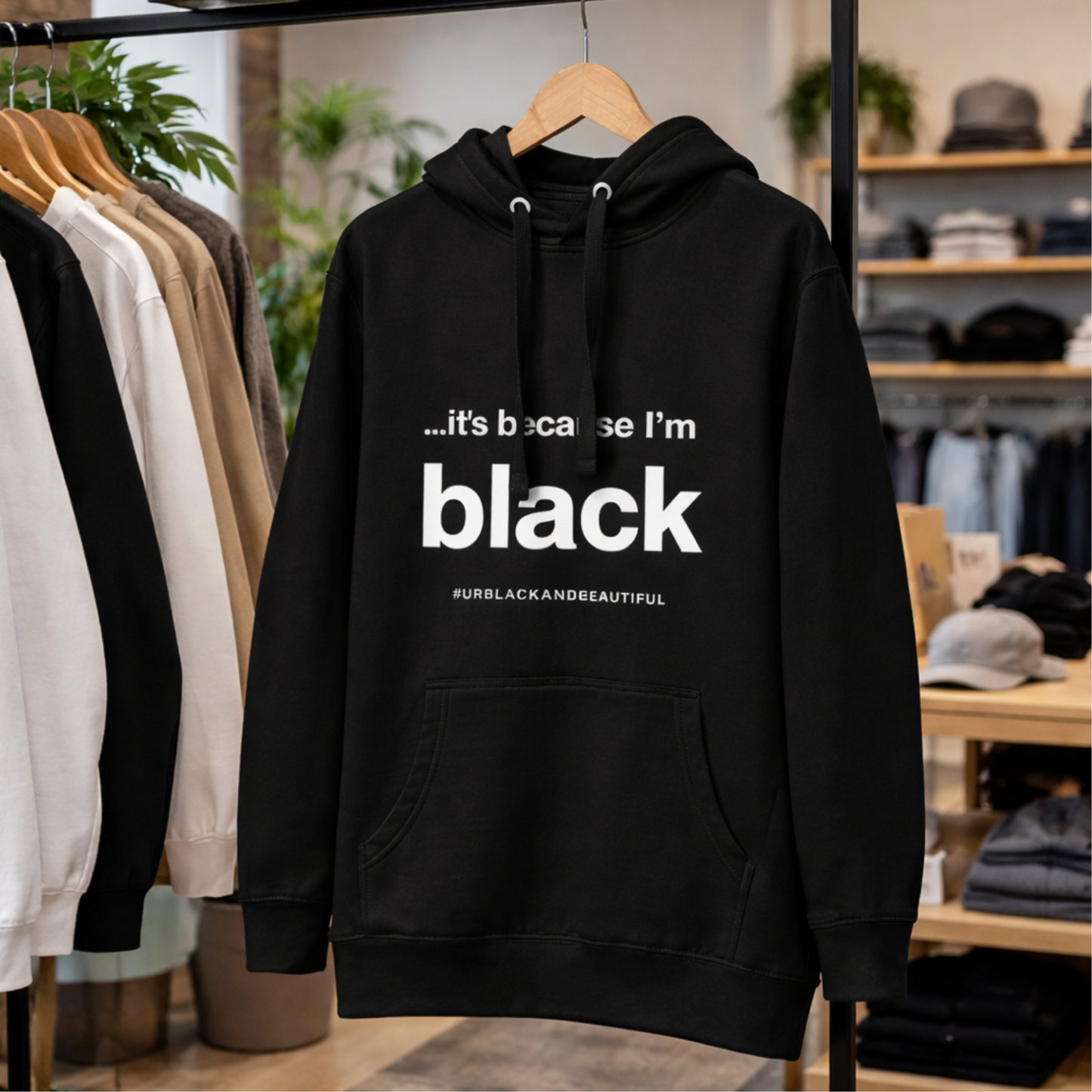 Black statement hoodie on display in  store s coming soon