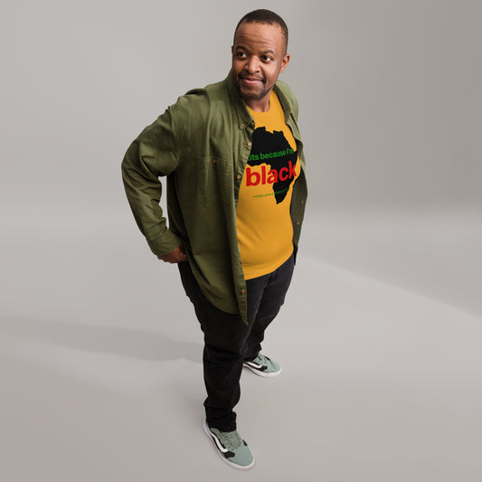 mustard t shirt with graphic design that includes African map