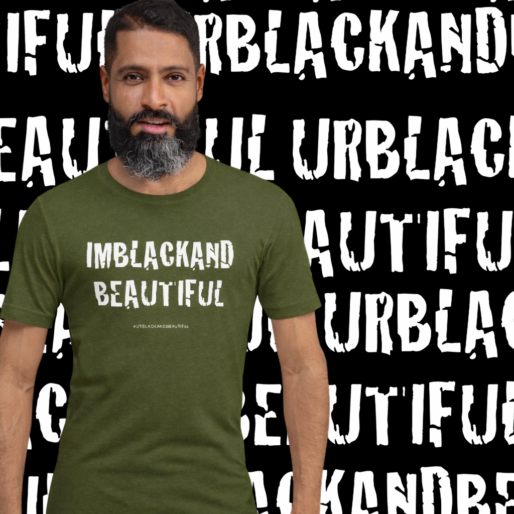 Man wearing a green t-shirt with 'IMBLACKANDBEAUTIFUL' text, standing against a black background with white text.