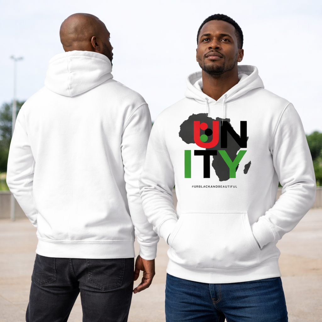 Two men wearing white hoodies with a design and text, standing outdoors.