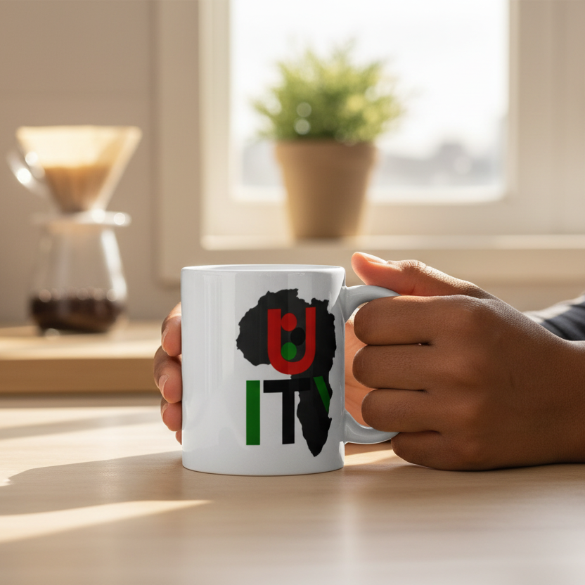 Person holding a white mug with a UNITY design on a wooden table,