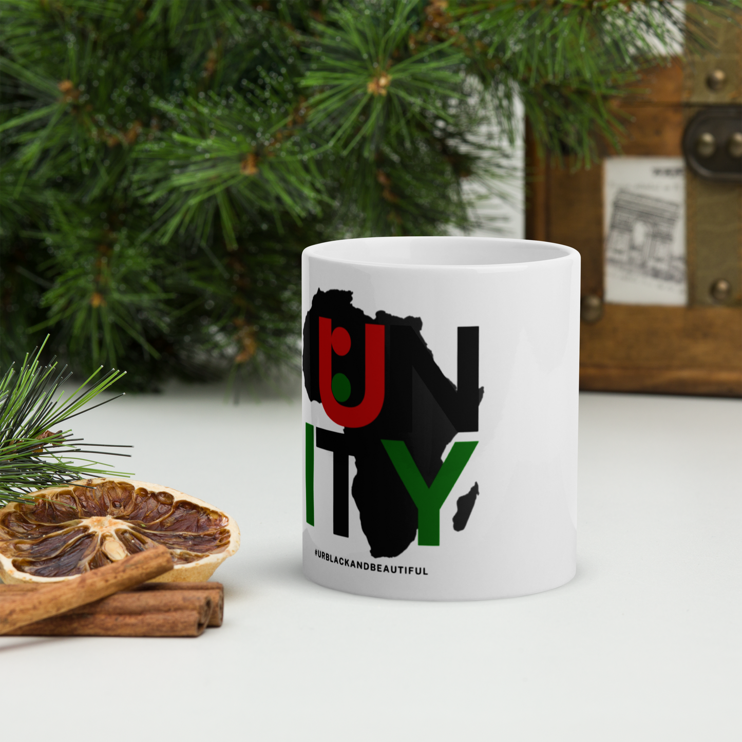 White mug with a colorful UNITY design 